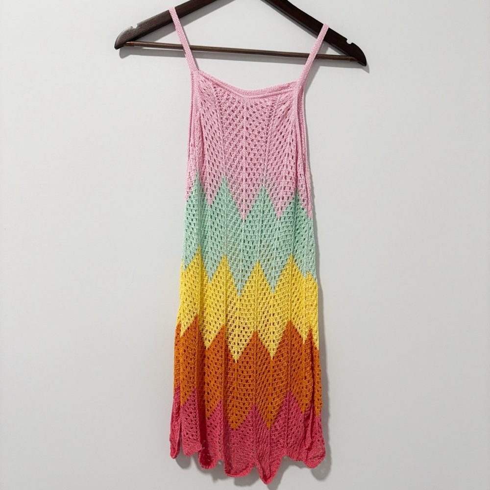 Shein Crochet Swimcover‎ Up Womens Size Small Spaghetti Strap Chevron Rainbow